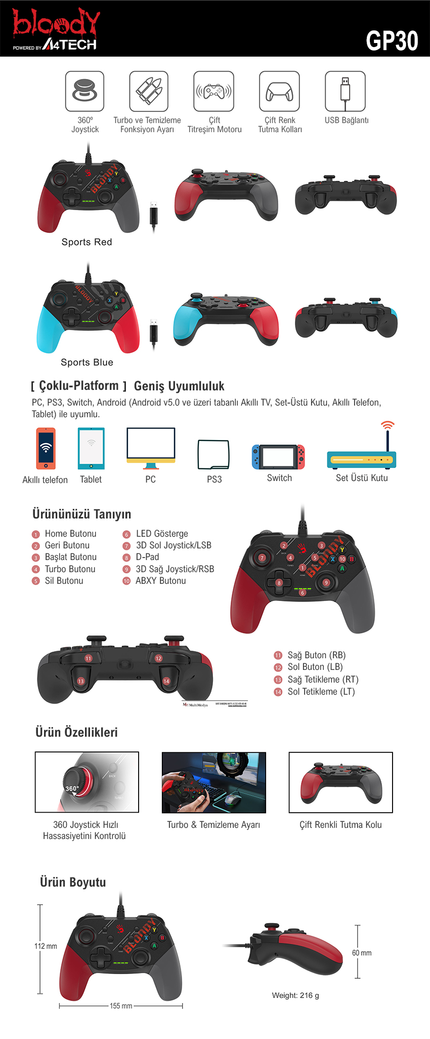 A4Tech Bloody GP30 Kırmızı Kablolu PC Gamepad