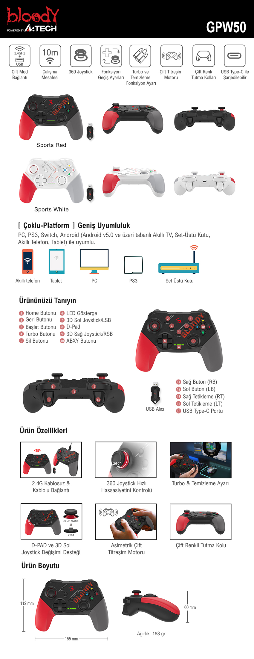 A4Tech Bloody GPW50 Kırmızı Kablosuz PC Gamepad