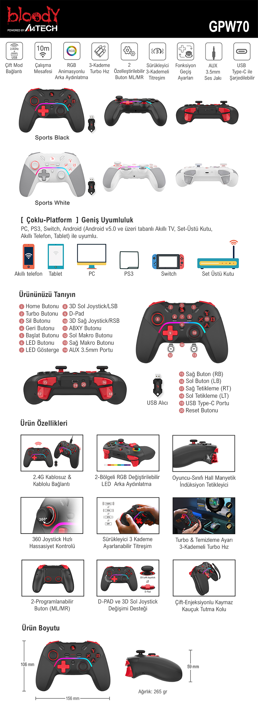 A4Tech Bloody GPW70 Beyaz Kablosuz PC Gamepad